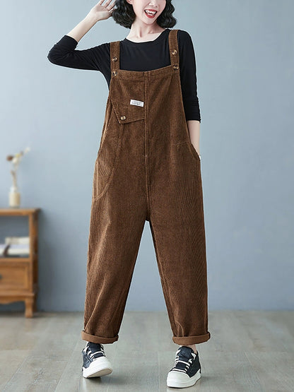 Women Autumn Retro Pure Color Corduroy Jumpsuits
