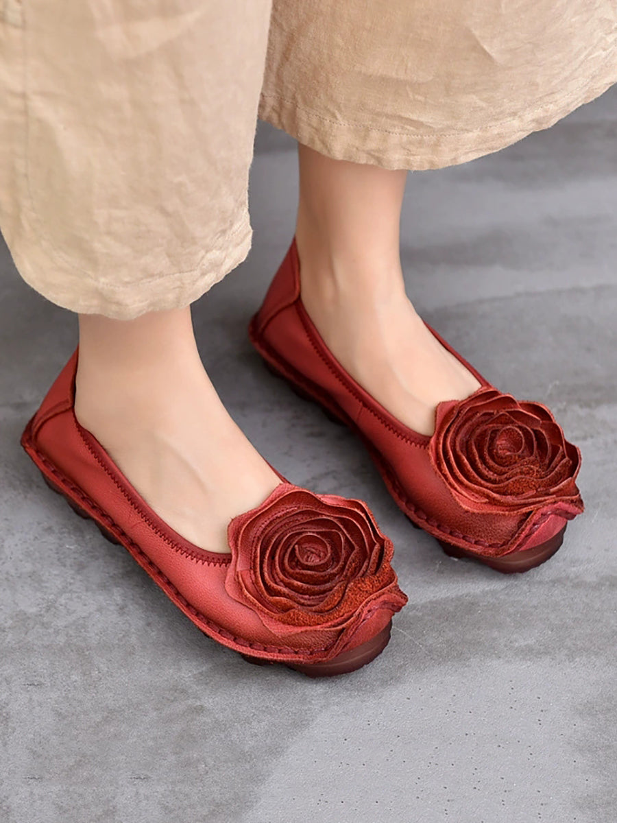 Women Summer Leather Flower Spliced Flat Shoes