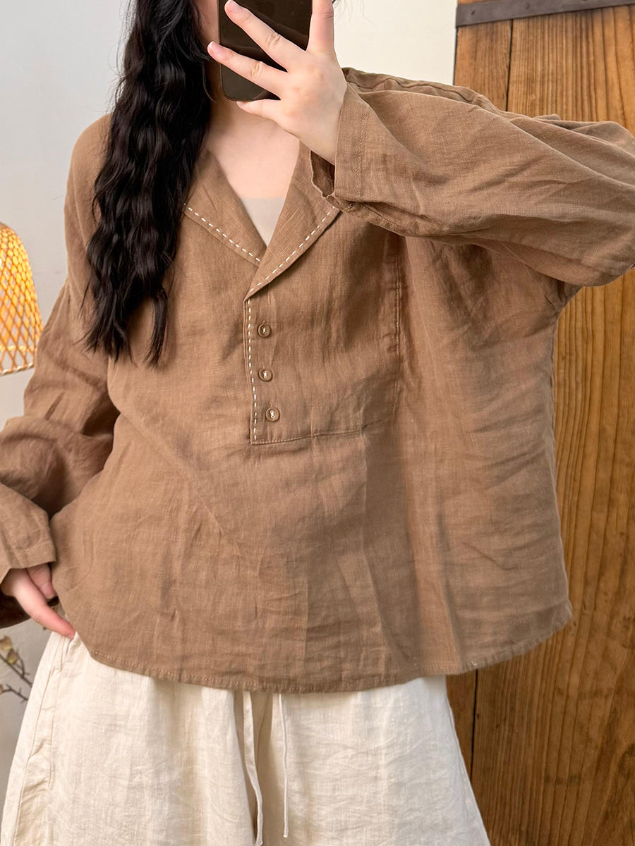 Women Casual Pure Color Turn-down Collar Ramie Shirt