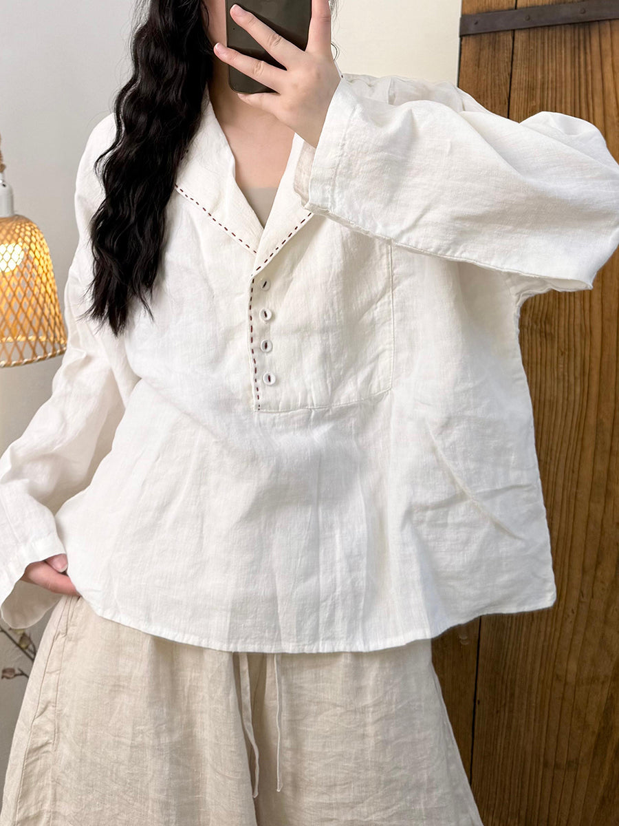 Women Casual Pure Color Turn-down Collar Ramie Shirt
