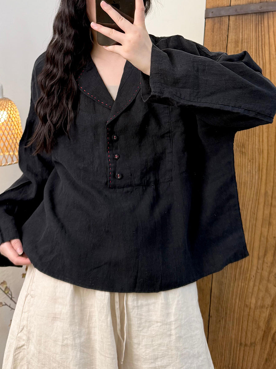 Women Casual Pure Color Turn-down Collar Ramie Shirt