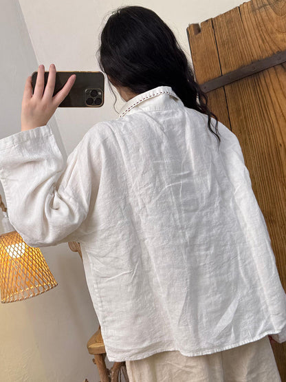 Women Casual Pure Color Turn-down Collar Ramie Shirt