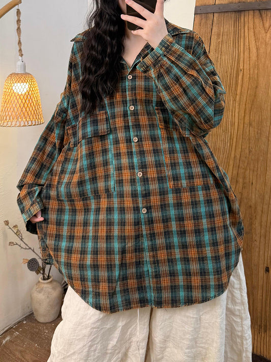 Women Autumn Artsy Plaid Cotton Linen Turn-down Collar Shirt