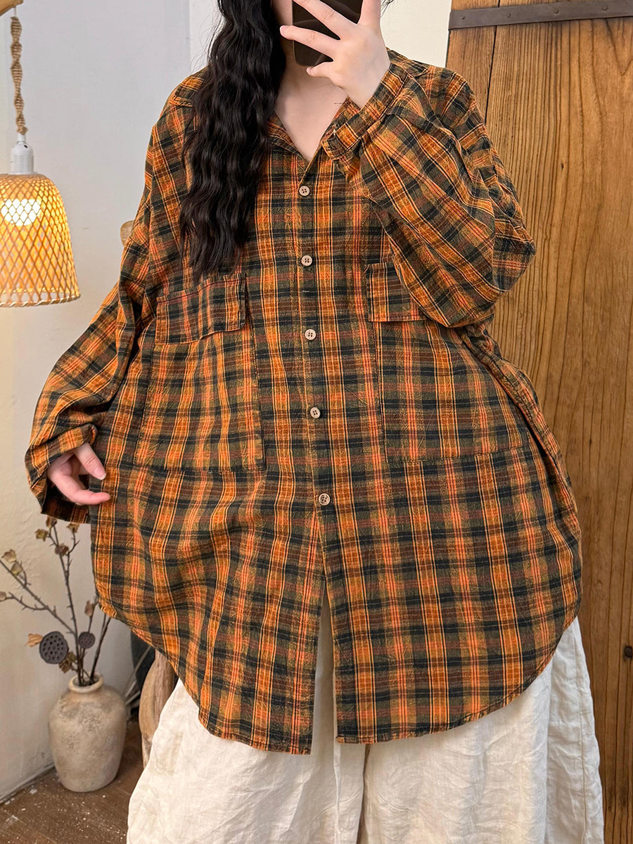 Women Autumn Artsy Plaid Cotton Linen Turn-down Collar Shirt
