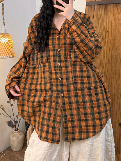 Women Autumn Artsy Plaid Cotton Linen Turn-down Collar Shirt