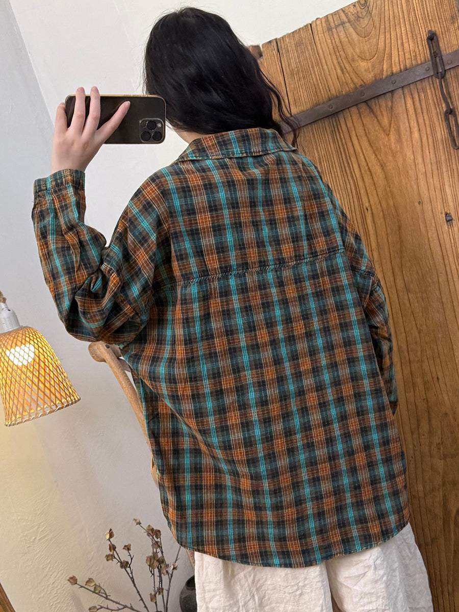 Women Autumn Artsy Plaid Cotton Linen Turn-down Collar Shirt