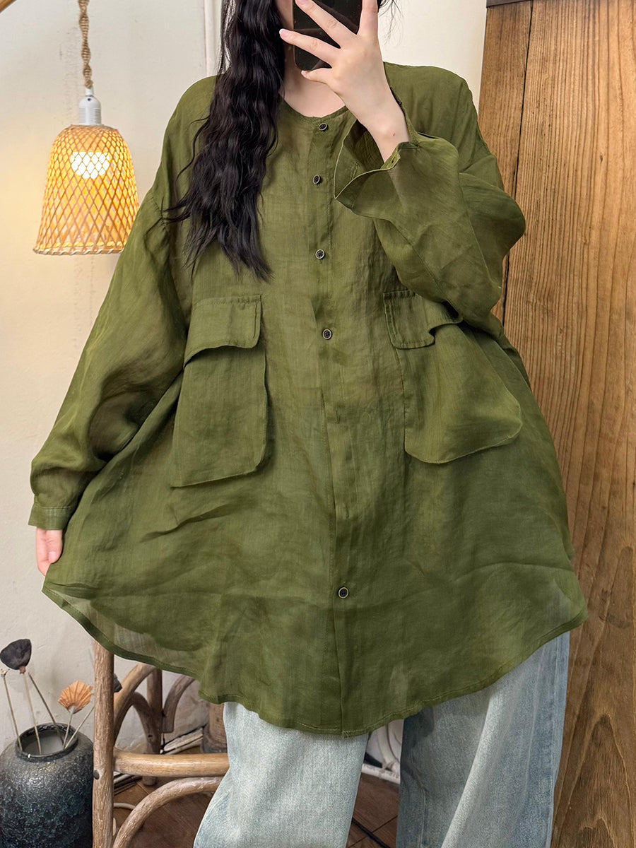 Women Casual Pure Color O-Neck Ramie Shirt