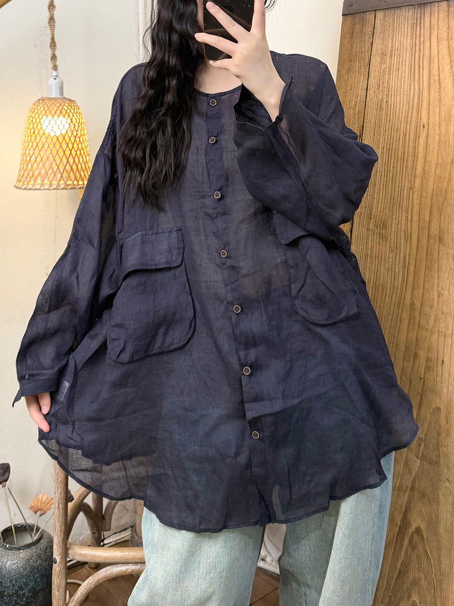 Women Casual Pure Color O-Neck Ramie Shirt