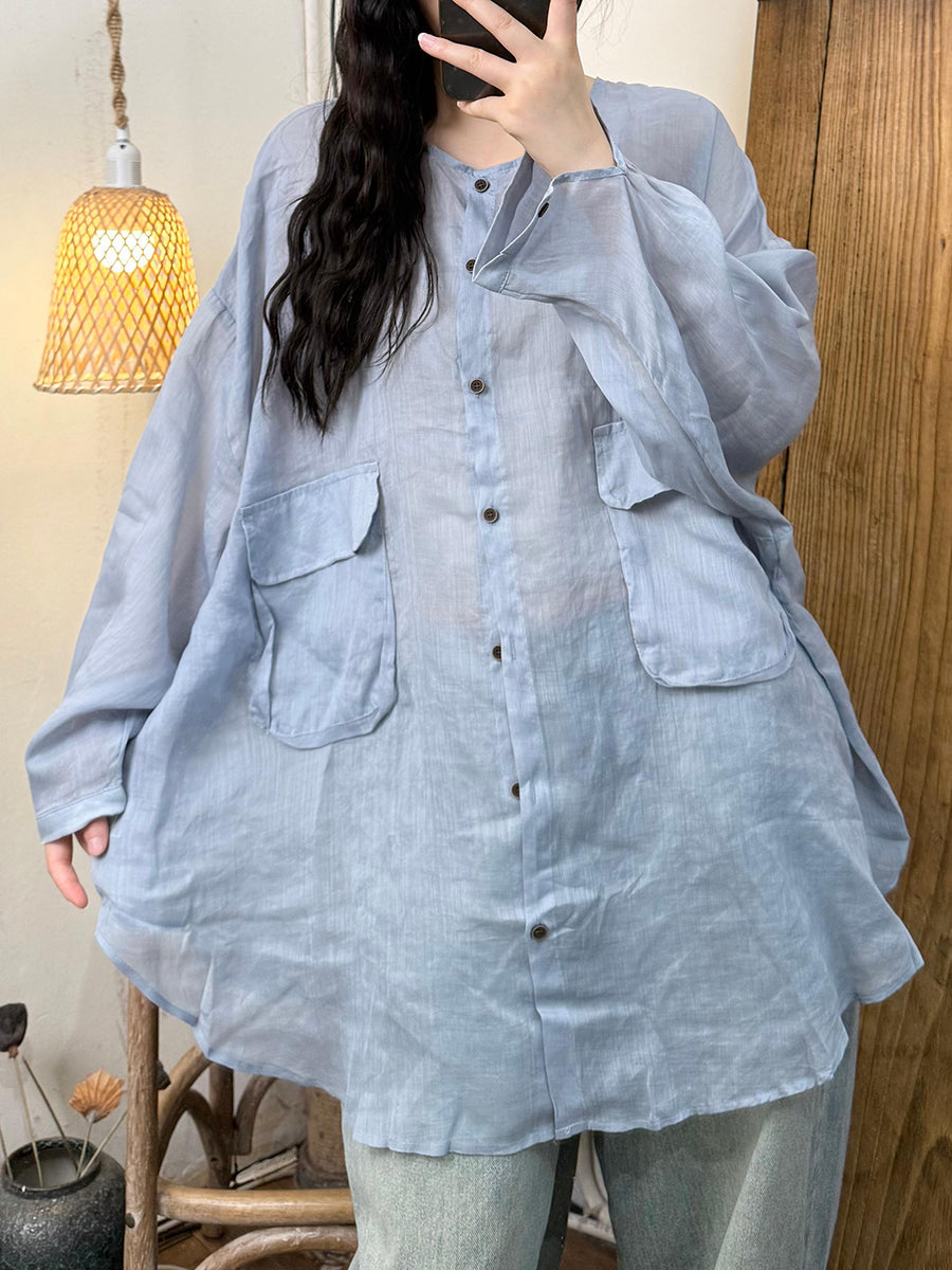 Women Casual Pure Color O-Neck Ramie Shirt