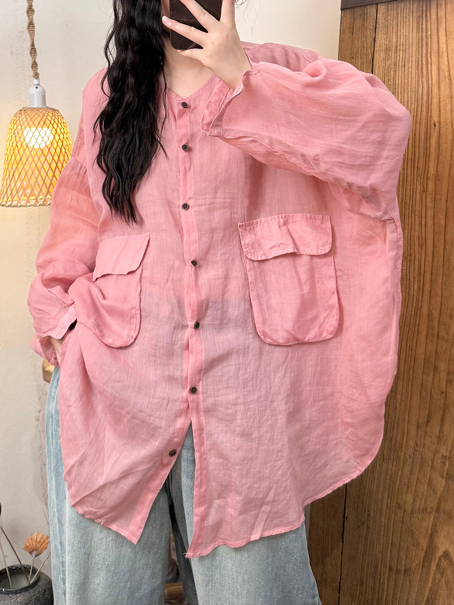 Women Casual Pure Color O-Neck Ramie Shirt