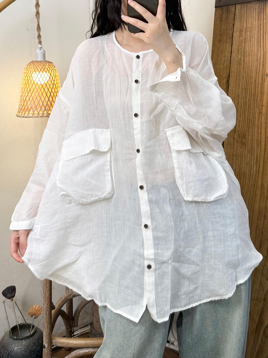 Women Casual Pure Color O-Neck Ramie Shirt