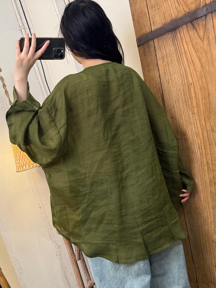 Women Casual Pure Color O-Neck Ramie Shirt