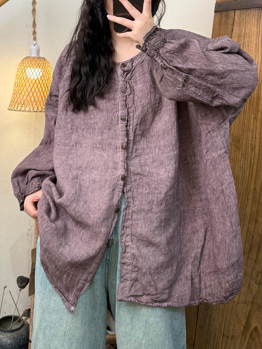 Women Autumn Vintage Pure Color O-Neck Linen Shirt