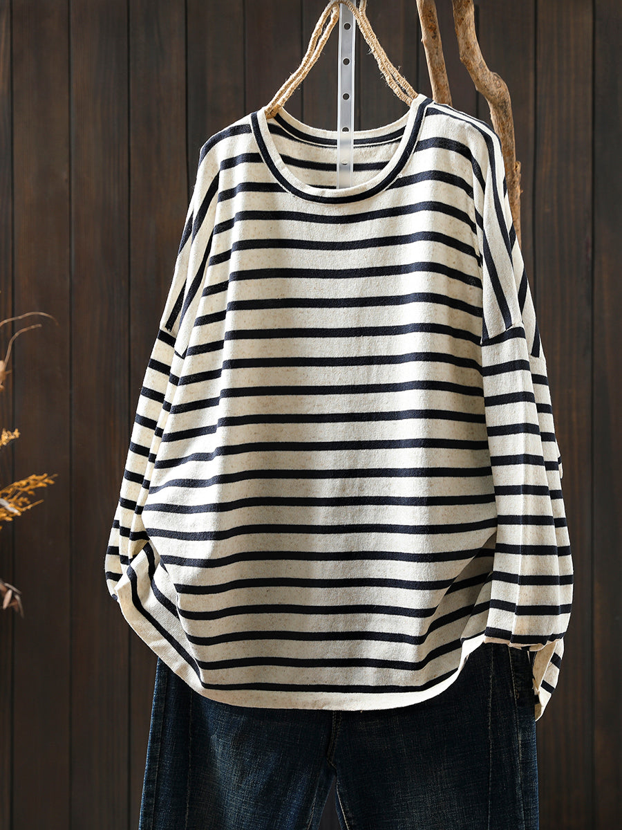Women Autumn Casual Stripe O-Neck Linen Shirt