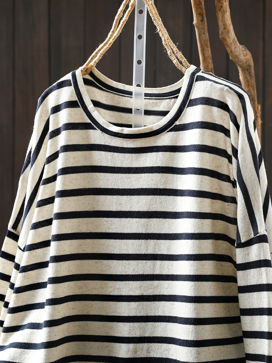 Women Autumn Casual Stripe O-Neck Linen Shirt