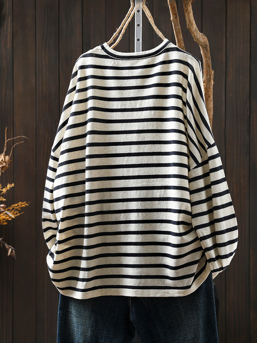 Women Autumn Casual Stripe O-Neck Linen Shirt