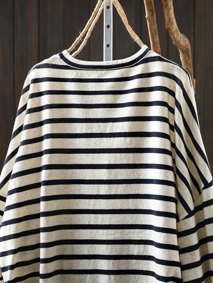 Women Autumn Casual Stripe O-Neck Linen Shirt