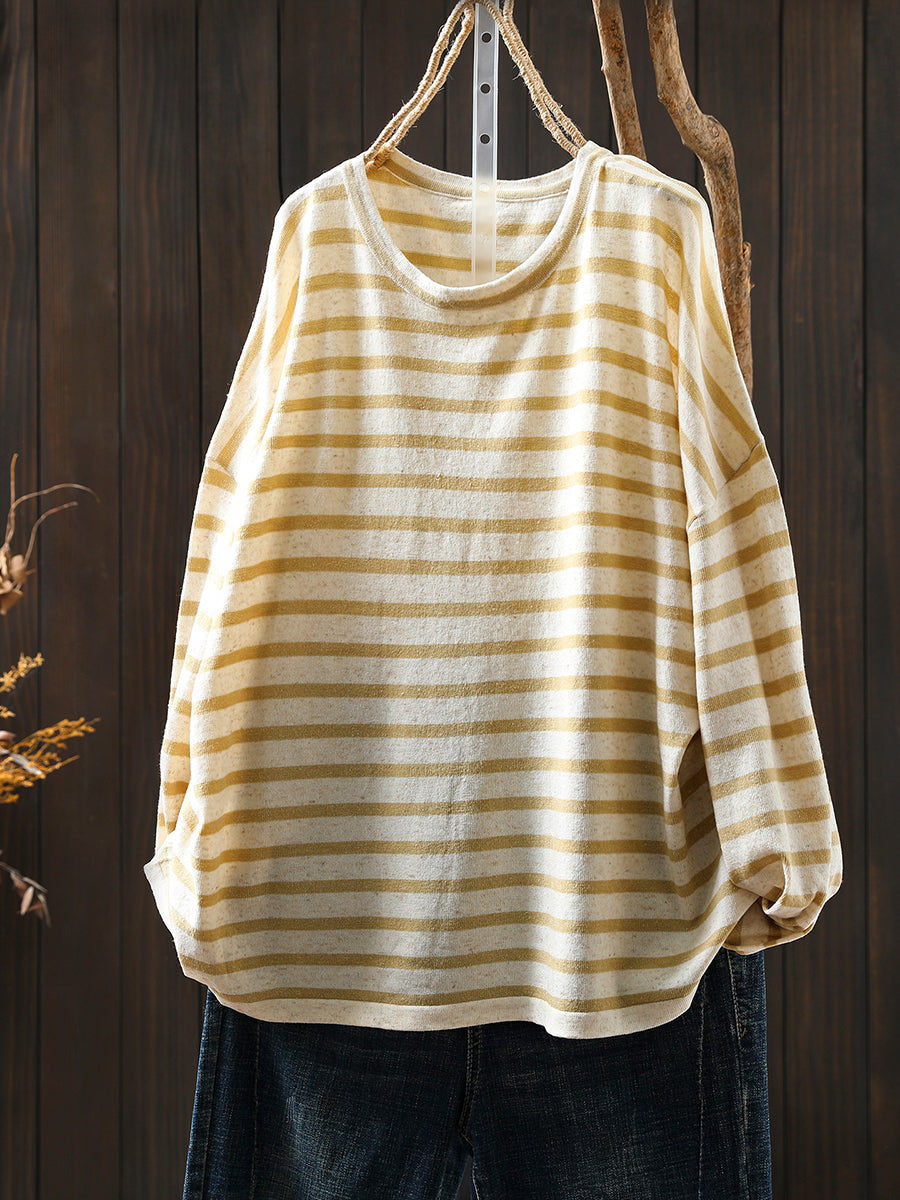 Women Autumn Casual Stripe O-Neck Linen Shirt