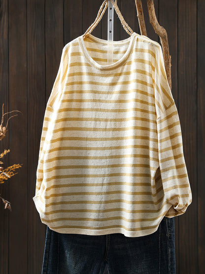 Women Autumn Casual Stripe O-Neck Linen Shirt