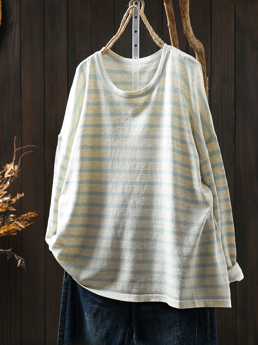 Women Autumn Casual Stripe O-Neck Linen Shirt