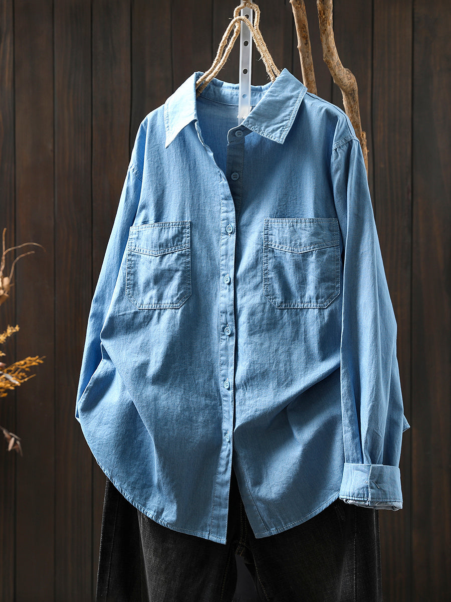 Women Autumn Pure Color Turn-down Collar 100%Cotton Shirt