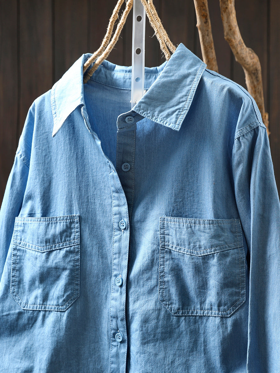 Women Autumn Pure Color Turn-down Collar 100%Cotton Shirt