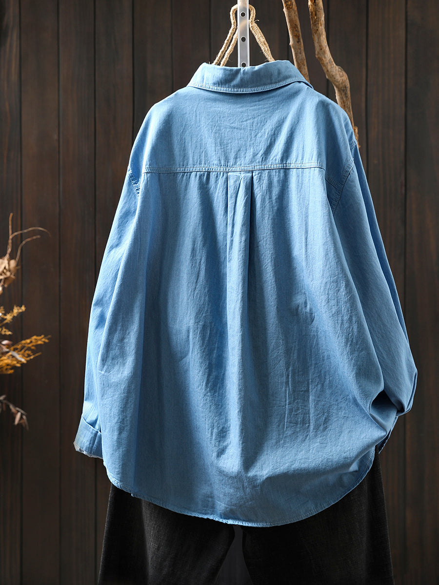 Women Autumn Pure Color Turn-down Collar 100%Cotton Shirt