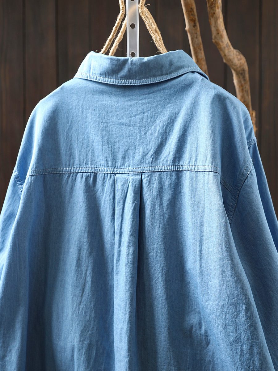 Women Autumn Pure Color Turn-down Collar 100%Cotton Shirt