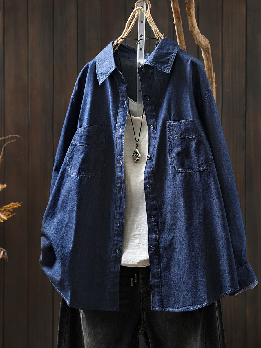 Women Autumn Pure Color Turn-down Collar 100%Cotton Shirt