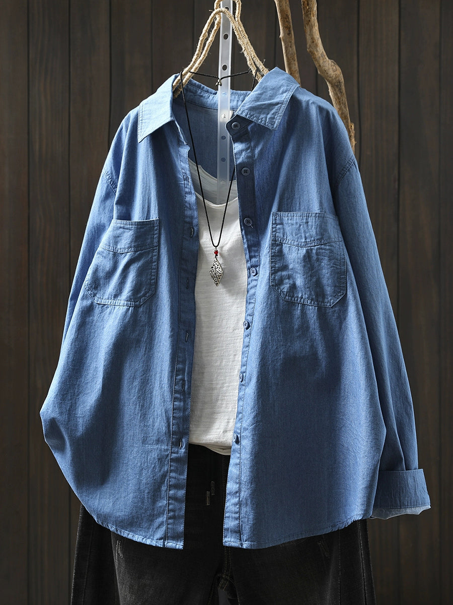 Women Autumn Pure Color Turn-down Collar 100%Cotton Shirt