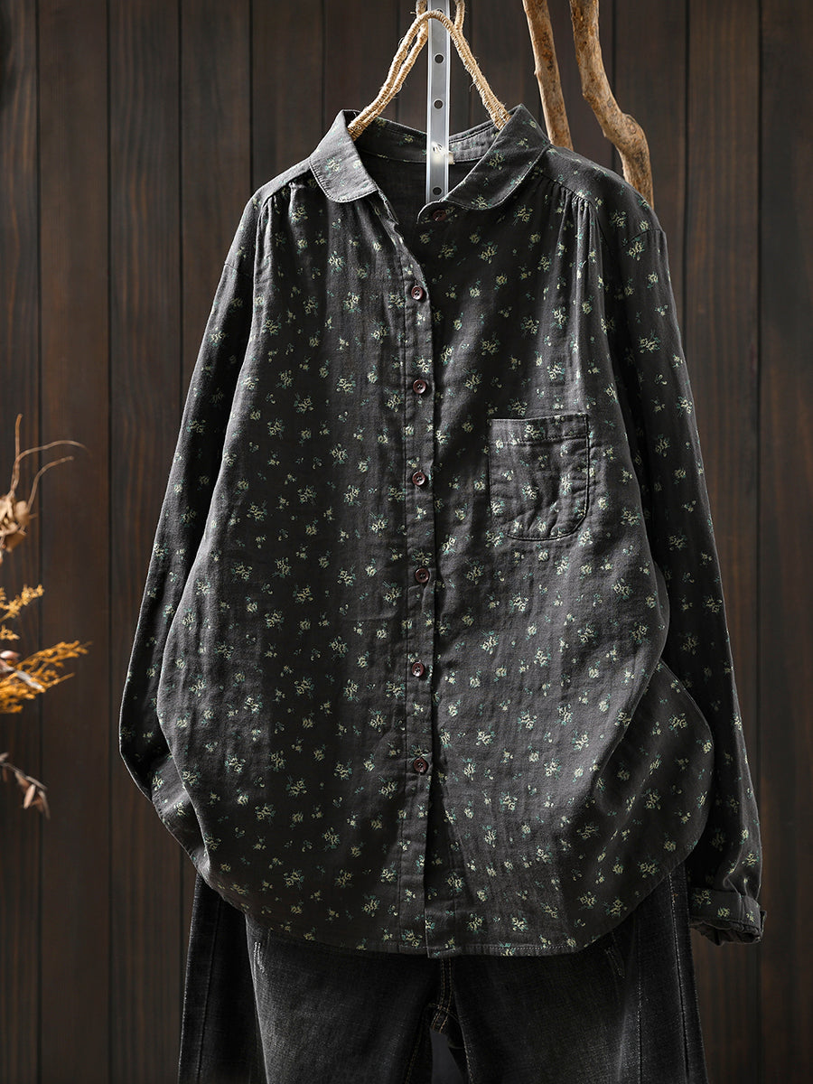Women Autumn Floral Turn-down Collar 100%Cotton Shirt