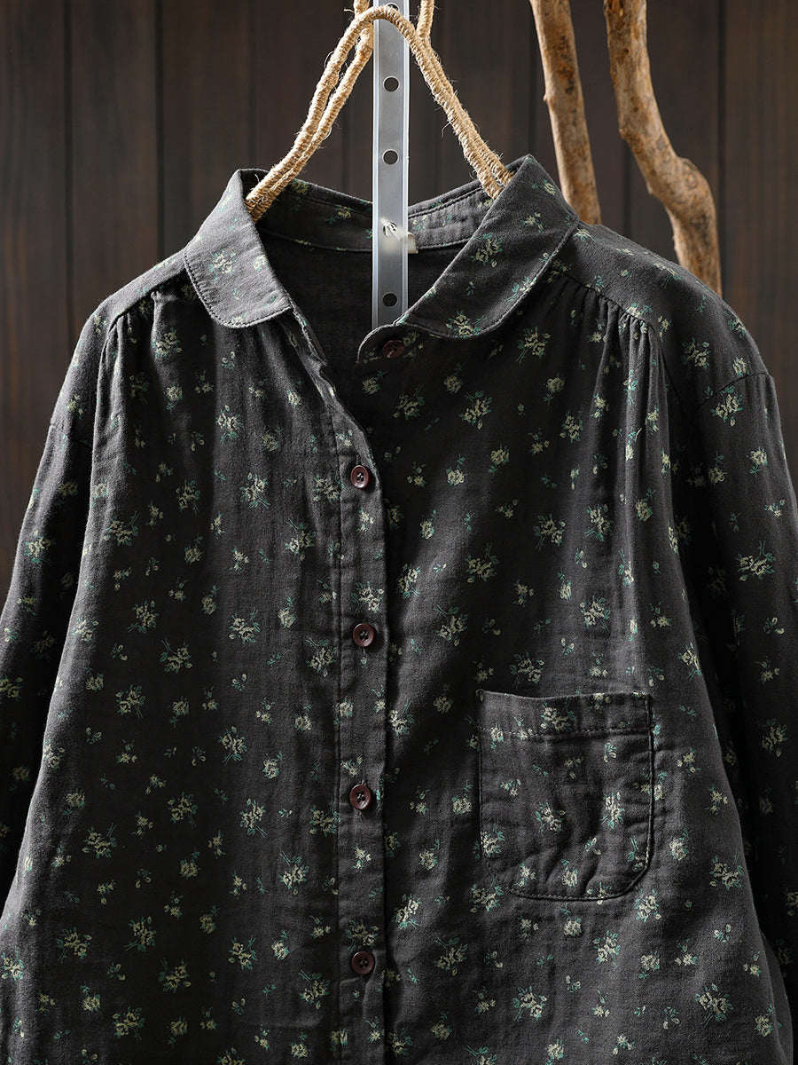 Women Autumn Floral Turn-down Collar 100%Cotton Shirt