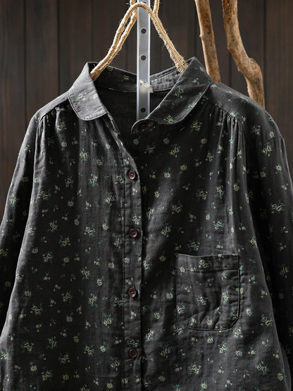 Women Autumn Floral Turn-down Collar 100%Cotton Shirt