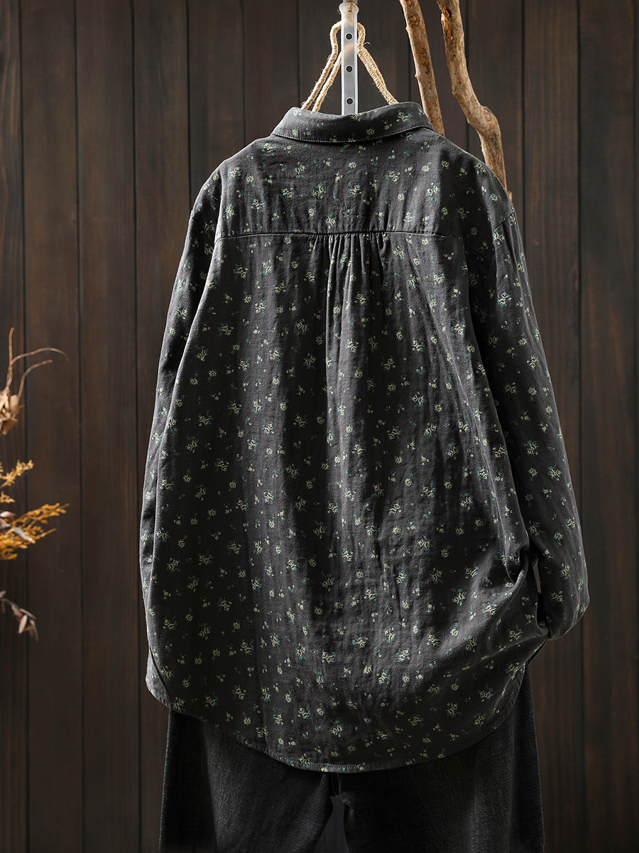 Women Autumn Floral Turn-down Collar 100%Cotton Shirt
