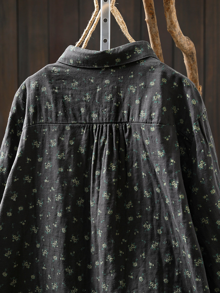 Women Autumn Floral Turn-down Collar 100%Cotton Shirt