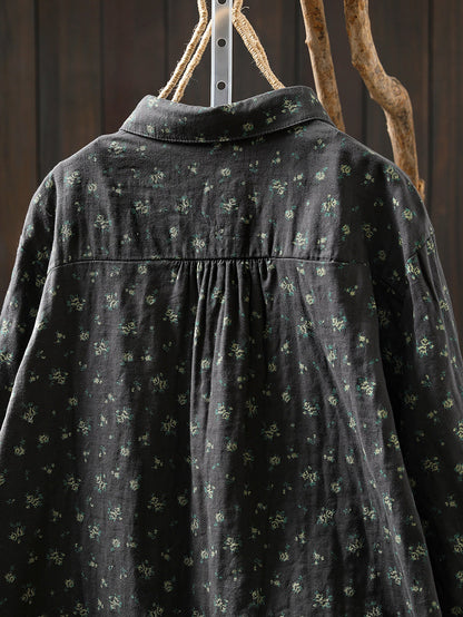 Women Autumn Floral Turn-down Collar 100%Cotton Shirt