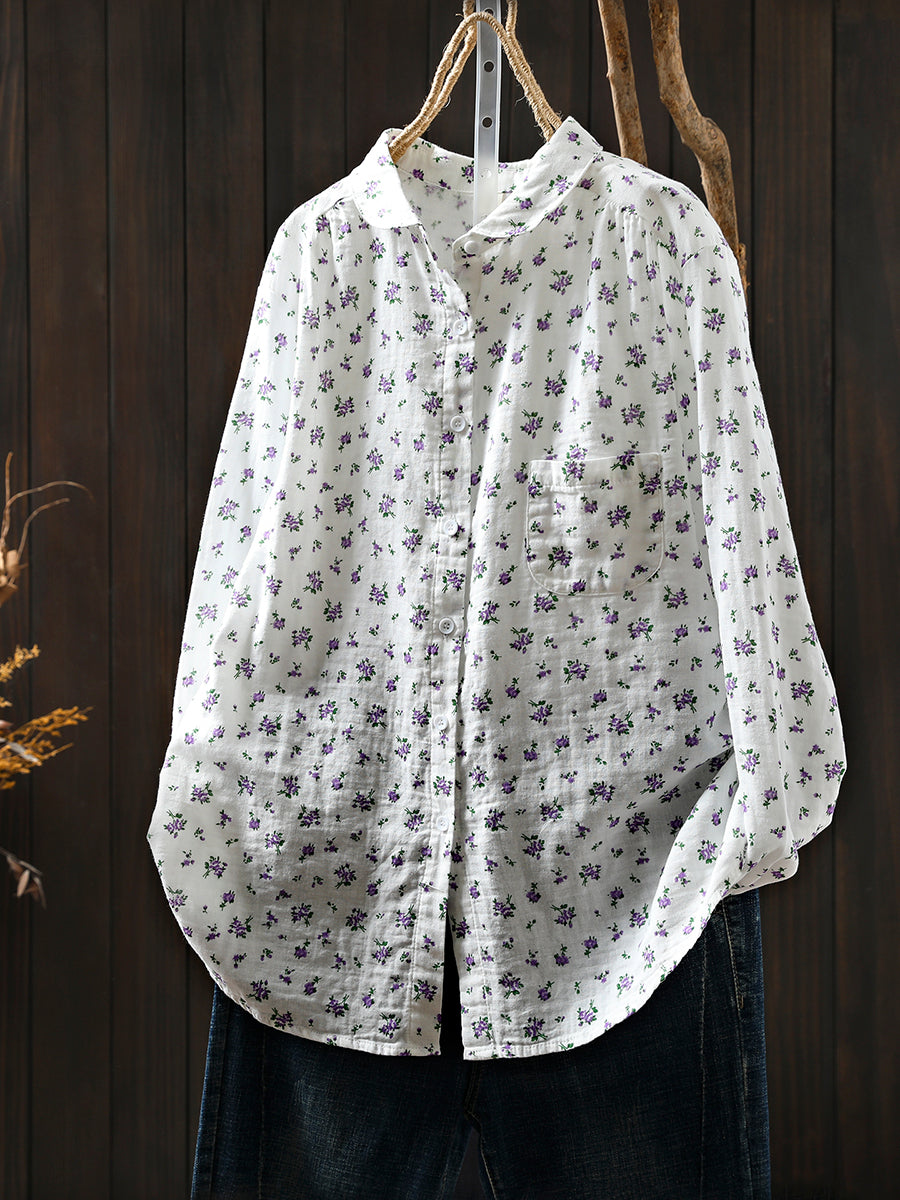 Women Autumn Floral Turn-down Collar 100%Cotton Shirt