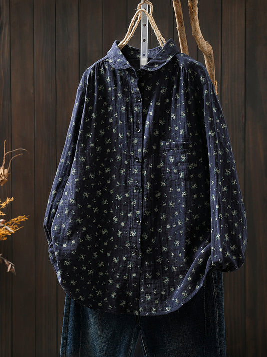 Women Autumn Floral Turn-down Collar 100%Cotton Shirt