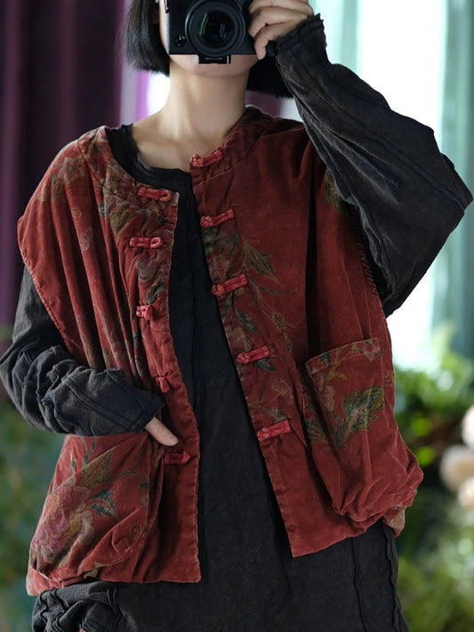 Women Autumn Retro Flower O-Neck Cotton Padded Vest