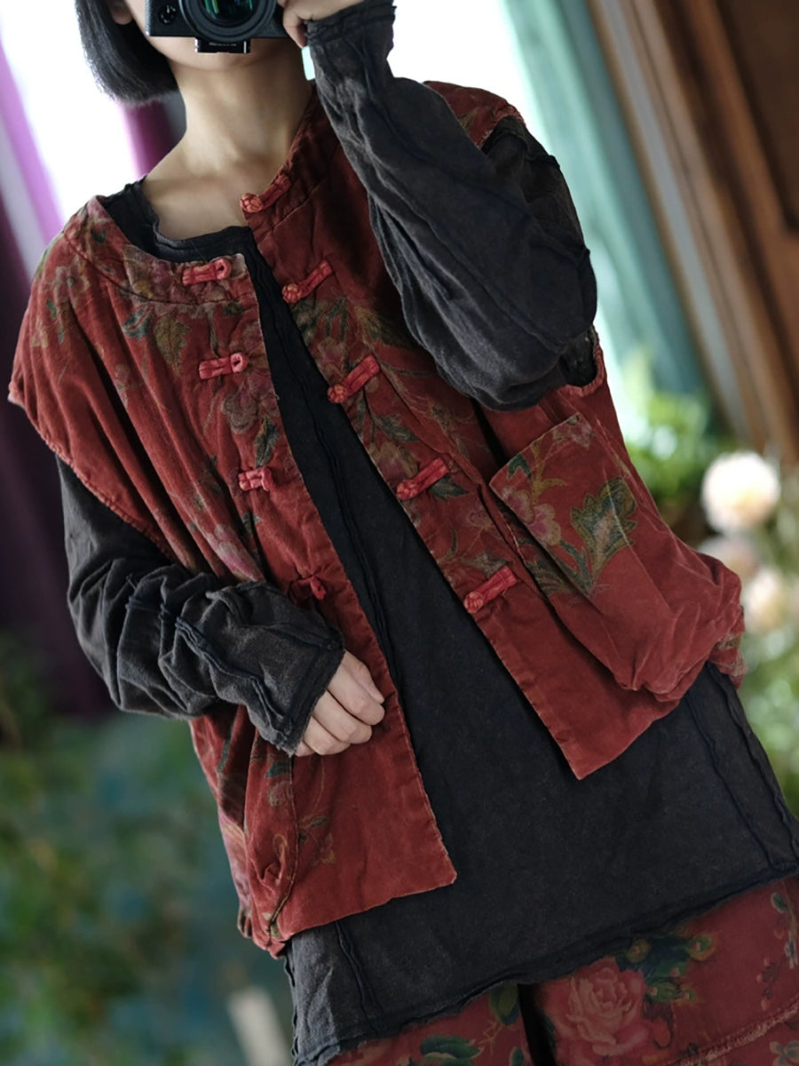 Women Autumn Retro Flower O-Neck Cotton Padded Vest