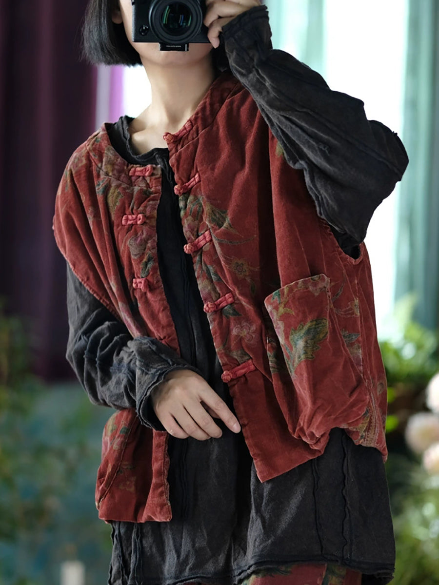 Women Autumn Retro Flower O-Neck Cotton Padded Vest