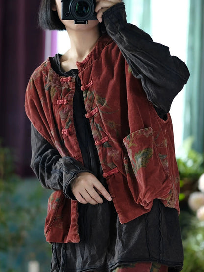Women Autumn Retro Flower O-Neck Cotton Padded Vest