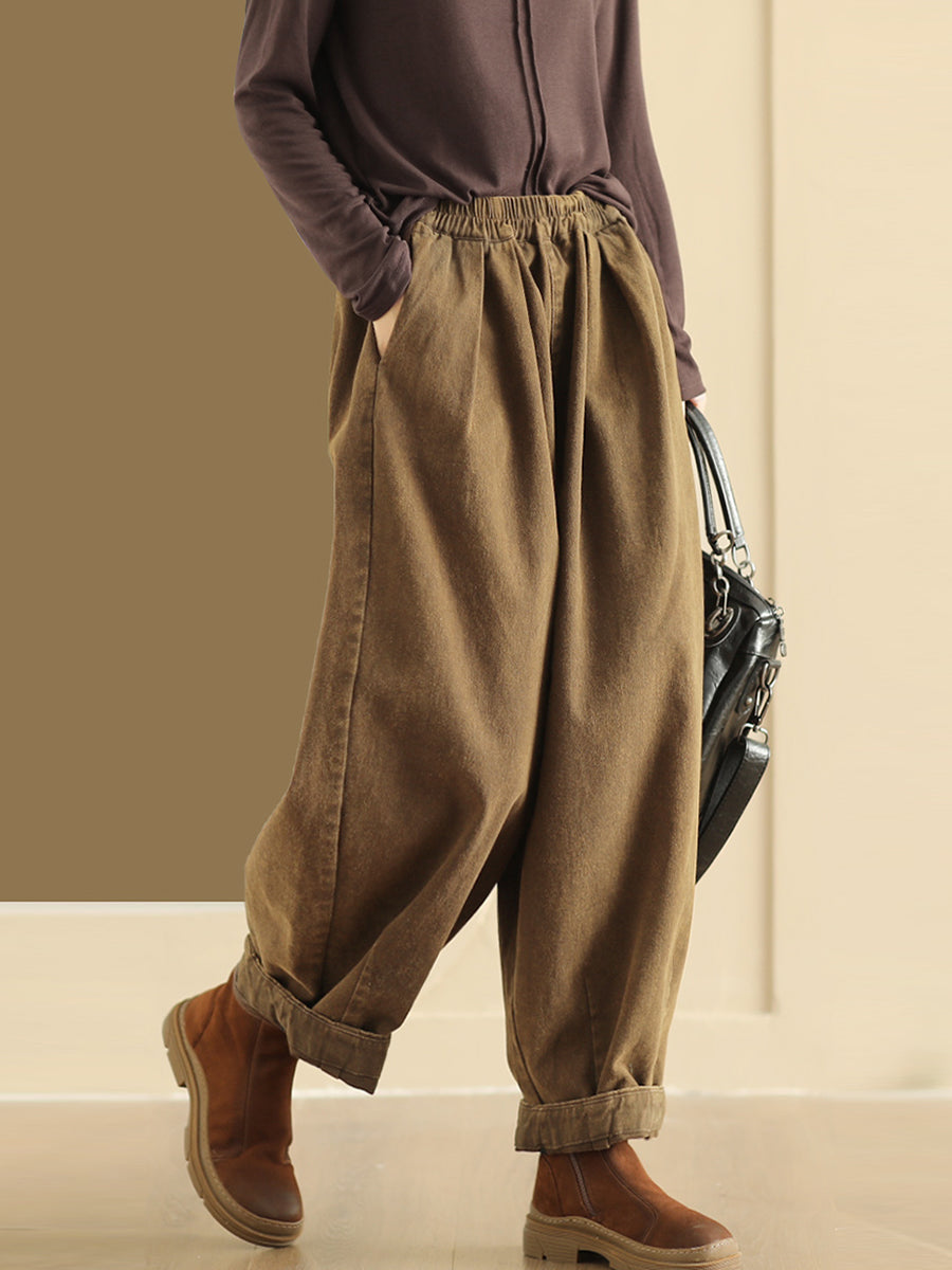 Women Autumn Retro Pure Color Cotton Harem Pants