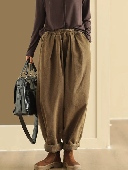 Women Autumn Retro Pure Color Cotton Harem Pants