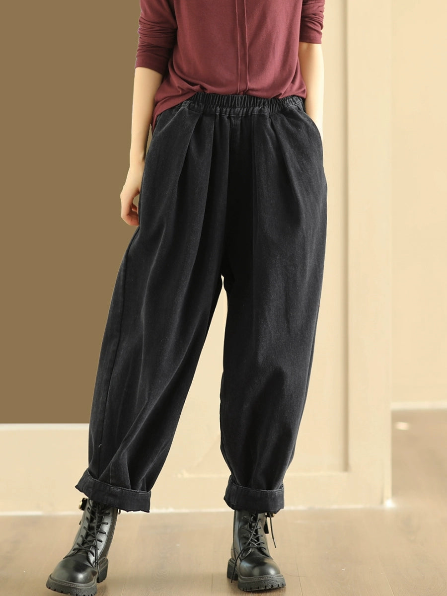 Women Autumn Retro Pure Color Cotton Harem Pants