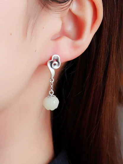 Women Ethnic Alloy Jade Flower Earrings