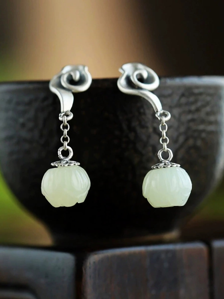 Women Ethnic Alloy Jade Flower Earrings