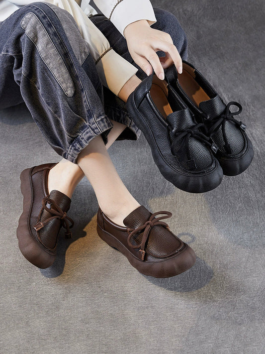 Women Autumn Vintage Pure Color Leather Flat Shoes