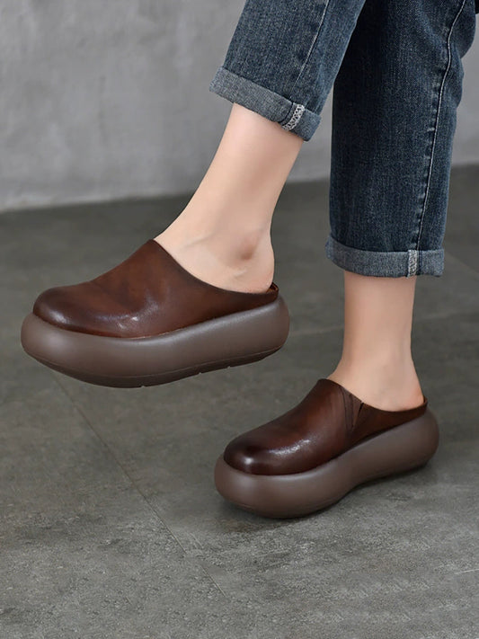 Women Summer Pure Color Soft Leather Platform Slippers