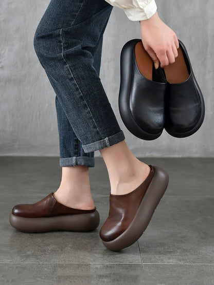 Women Summer Pure Color Soft Leather Platform Slippers